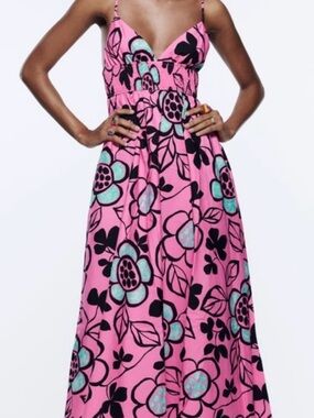Zara Pink Poplin Floral Maxi Dress